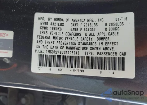 2016 Honda Accord Ex-L из США, поврежденный, VIN 1HGCR2F87GA108245